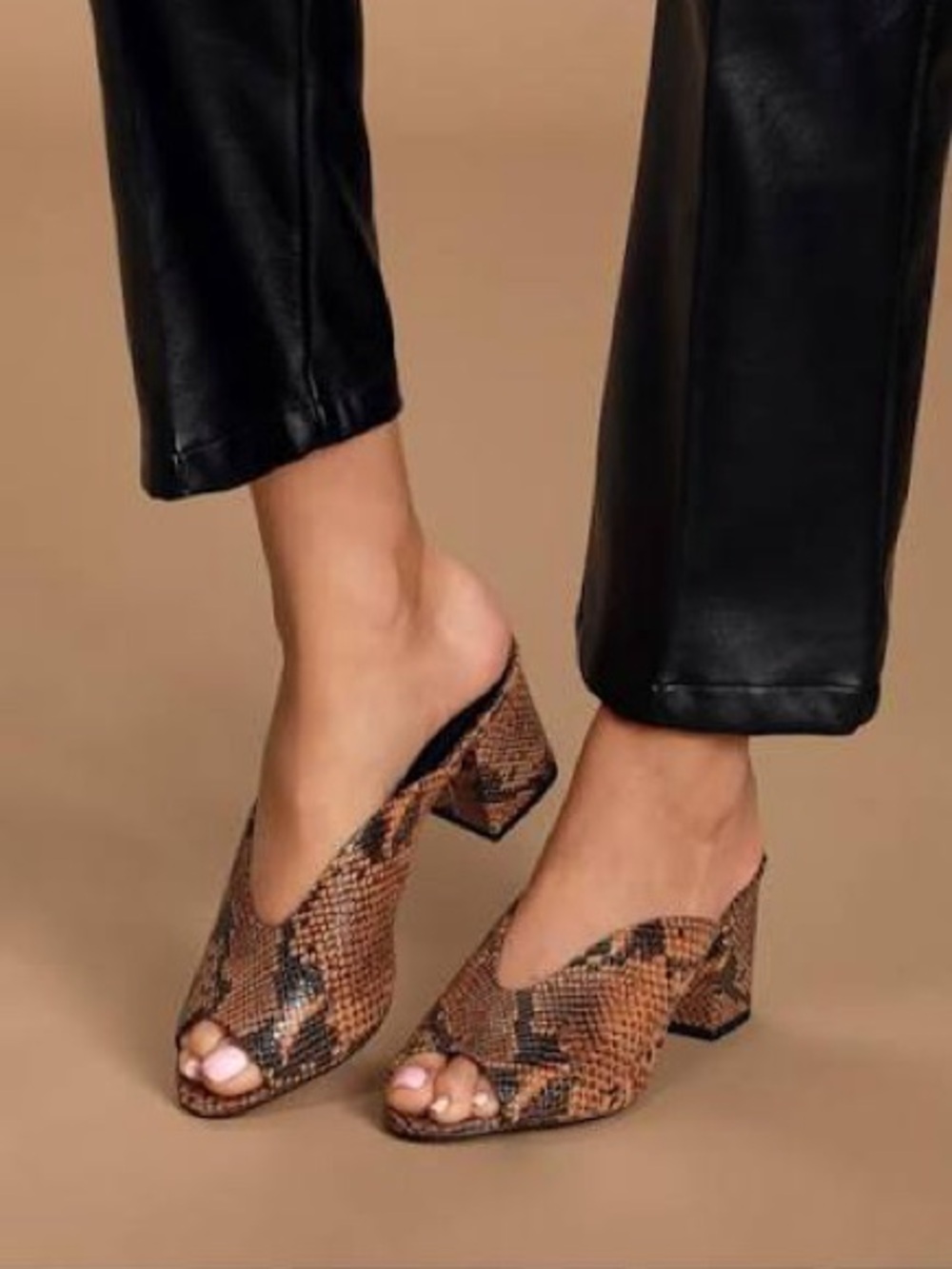 Lulus Bailee Tan Python Print Leather Peep-Toe Mules
